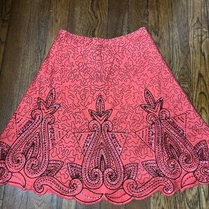 Anthropologie Coral A-Line Skirt with Black Embroidery